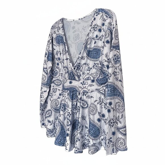 Plus Size V-Neck Banded Waist Promenade Boho Paisley Wrap Peplum Floral Top - Picture 5 of 7